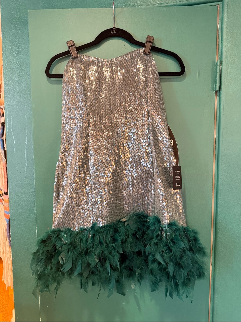 Silver Sequin Mini Skirt with Emerald Feather Trim